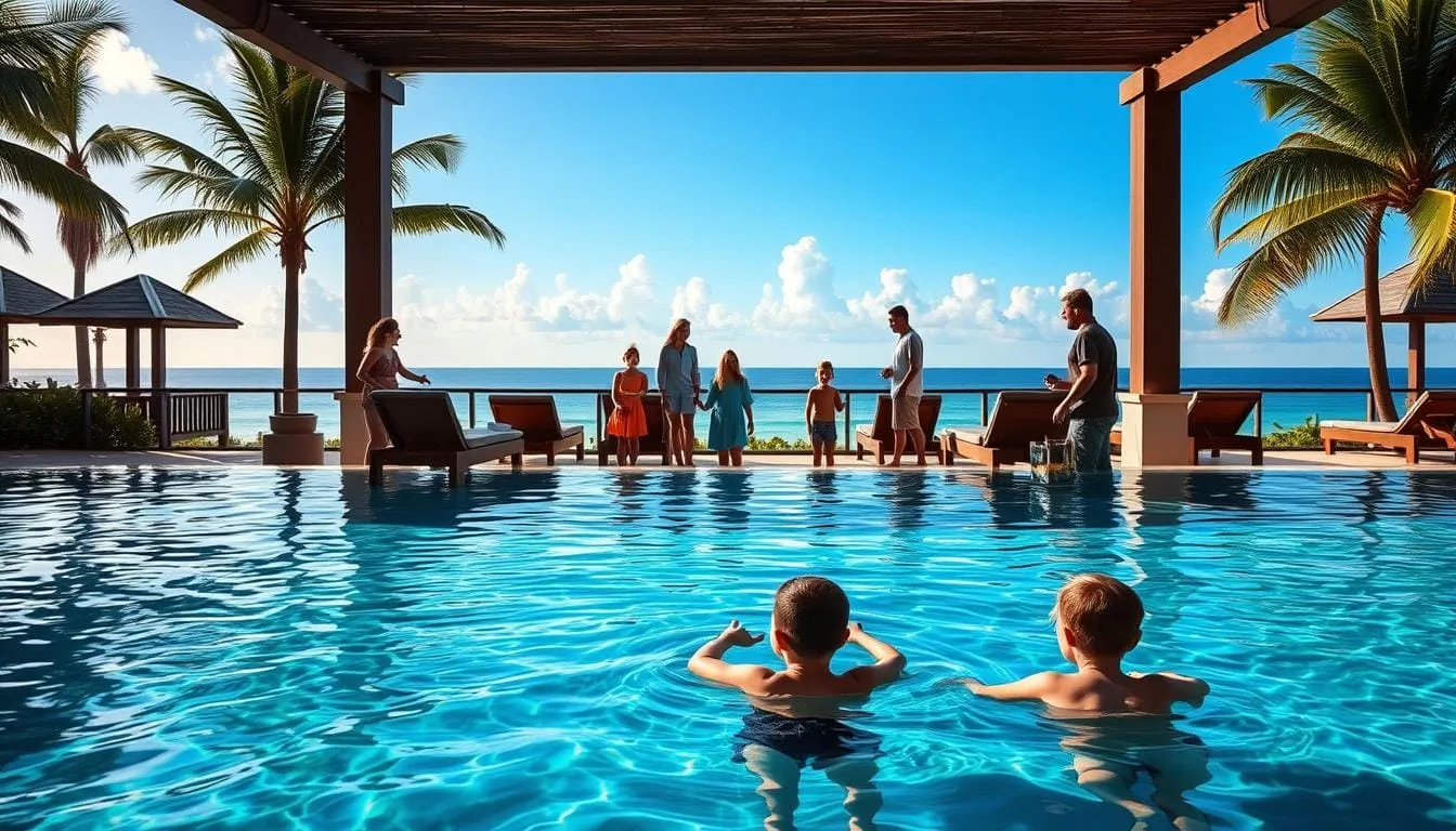 Parents relaxing by infinity pool at luxury resort while children play with resort staff in background - Guilt-Free Pampering 5-Star Resorts