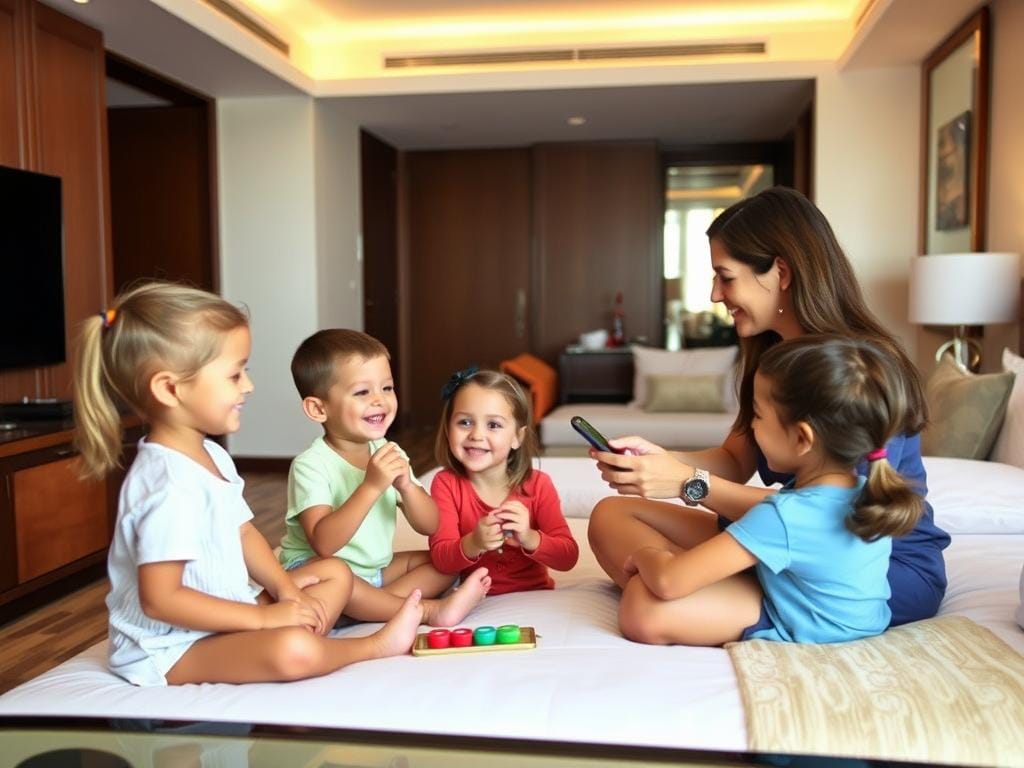 Professional resort babysitter engaging with children during parents' dinner Professional resort babysitter engaging with children during parents' dinner