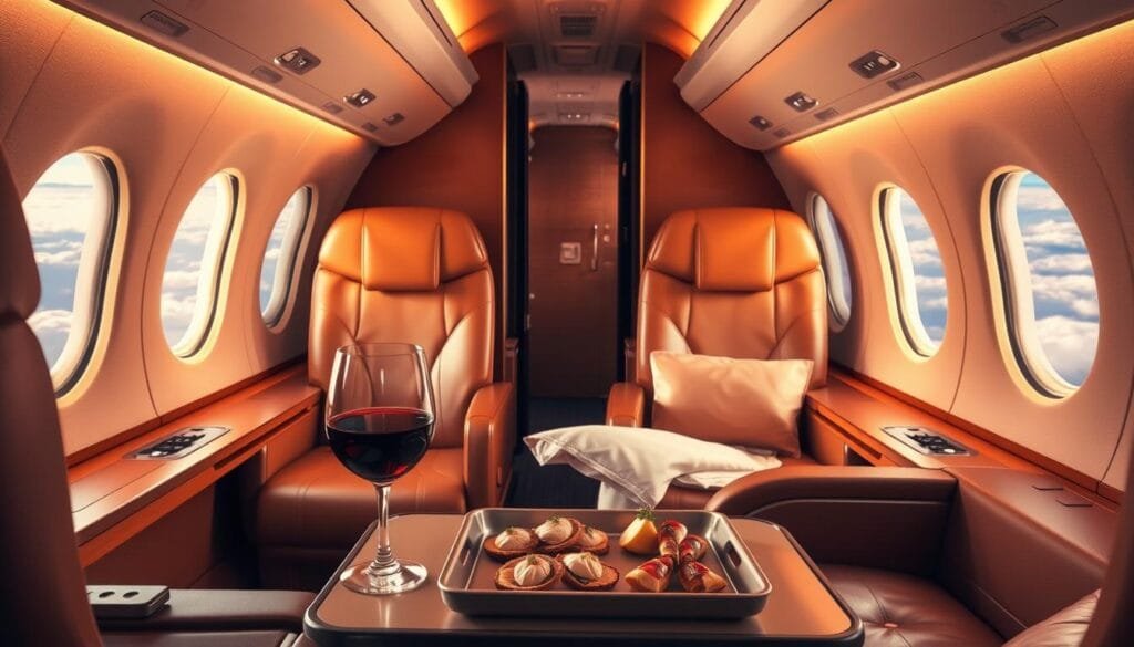 Prompt A spacious, well-appointed first-class cabin of a commercial airliner, bathed in warm, golden lighting. The seats are plush and luxurious, upholstered in rich leather. Elegant details like polished wood accents and discreet service buttons adorn the interior. In the foreground, a glass of fine red wine and a tray of gourmet hors d'oeuvres sit on a fold-out table, exuding an atmosphere of refined indulgence. The view outside the large, panoramic windows reveals a serene aerial landscape, with fluffy clouds drifting by. The overall mood is one of affordable luxury, hinting at the possibilities of first-class travel without the usual sky-high price tag. Prompt A spacious, well-appointed first-class cabin of a commercial airliner, bathed in warm, golden lighting. The seats are plush and luxurious, upholstered in rich leather. Elegant details like polished wood accents and discreet service buttons adorn the interior. In the foreground, a glass of fine red wine and a tray of gourmet hors d'oeuvres sit on a fold-out table, exuding an atmosphere of refined indulgence. The view outside the large, panoramic windows reveals a serene aerial landscape, with fluffy clouds drifting by. The overall mood is one of affordable luxury, hinting at the possibilities of first-class travel without the usual sky-high price tag.