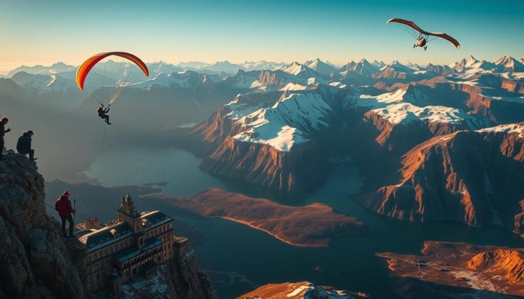 A breathtaking aerial view of a rugged, snow-capped mountain landscape. In the foreground, a group of daring thrill-seekers engaged in a variety of extreme sports - paragliding, rock climbing, bungee jumping, and BASE jumping. The scene is bathed in warm, dramatic lighting, capturing the exhilaration and adrenaline rush of these heart-pounding activities. The middle ground features a serene alpine lake, reflecting the majestic peaks in its tranquil waters. In the distance, towering cliffs and deep, mysterious canyons add to the sense of adventure and exploration. The overall atmosphere evokes a spirit of fearless exploration and the pursuit of the ultimate thrills. A breathtaking aerial view of a rugged, snow-capped mountain landscape. In the foreground, a group of daring thrill-seekers engaged in a variety of extreme sports - paragliding, rock climbing, bungee jumping, and BASE jumping. The scene is bathed in warm, dramatic lighting, capturing the exhilaration and adrenaline rush of these heart-pounding activities. The middle ground features a serene alpine lake, reflecting the majestic peaks in its tranquil waters. In the distance, towering cliffs and deep, mysterious canyons add to the sense of adventure and exploration. The overall atmosphere evokes a spirit of fearless exploration and the pursuit of the ultimate thrills.
