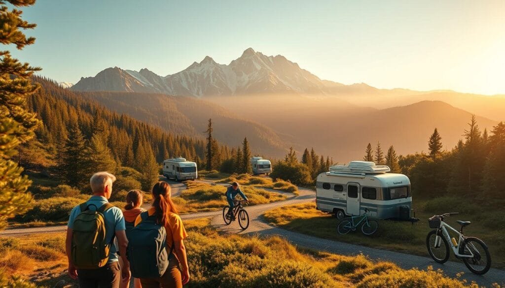 A breathtaking landscape showcasing eco-friendly travel options. In the foreground, a group of hikers admire a pristine, lush forest. In the middle ground, electric bicycles glide along a winding path, while solar-powered campers blend seamlessly into the natural scenery. In the background, a majestic mountain range is illuminated by warm, golden sunlight, casting a serene glow. The scene evokes a sense of harmony between nature and sustainable transportation. A wide-angle lens captures the tranquil, environmentally conscious atmosphere, inviting the viewer to embark on a greener journey. A breathtaking landscape showcasing eco-friendly travel options. In the foreground, a group of hikers admire a pristine, lush forest. In the middle ground, electric bicycles glide along a winding path, while solar-powered campers blend seamlessly into the natural scenery. In the background, a majestic mountain range is illuminated by warm, golden sunlight, casting a serene glow. The scene evokes a sense of harmony between nature and sustainable transportation. A wide-angle lens captures the tranquil, environmentally conscious atmosphere, inviting the viewer to embark on a greener journey.