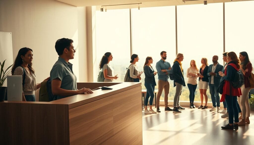 A bright, airy and inspiring image of a STEP program enrollment session for solo adventurers. In the foreground, a warm, welcoming receptionist stands behind a minimalist wooden desk, guiding a determined-looking solo traveler through the enrollment process. In the middle ground, a group of diverse adventure-seekers engage in lively discussions, sharing experiences and tips. The background features floor-to-ceiling windows overlooking a scenic landscape, bathed in soft, natural lighting that creates a sense of tranquility and possibility. The overall atmosphere conveys a spirit of camaraderie, empowerment and a shared passion for exploring the world safely and confidently. A bright, airy and inspiring image of a STEP program enrollment session for solo adventurers. In the foreground, a warm, welcoming receptionist stands behind a minimalist wooden desk, guiding a determined-looking solo traveler through the enrollment process. In the middle ground, a group of diverse adventure-seekers engage in lively discussions, sharing experiences and tips. The background features floor-to-ceiling windows overlooking a scenic landscape, bathed in soft, natural lighting that creates a sense of tranquility and possibility. The overall atmosphere conveys a spirit of camaraderie, empowerment and a shared passion for exploring the world safely and confidently.