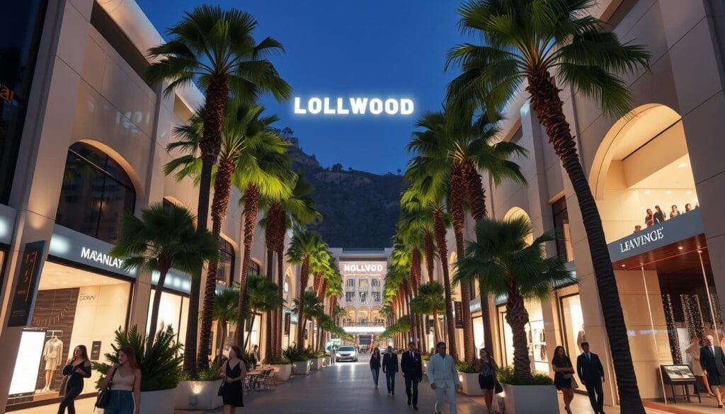 A bustling, high-end shopping district in Los Angeles, with towering palm trees lining the streets and the iconic Hollywood sign visible in the distance. Sleek, modern architecture houses luxury boutiques, their grand entryways flanked by lush greenery and the soft glow of overhead lighting. Stylishly dressed shoppers stroll the sidewalks, admiring the latest designer fashions displayed in gleaming storefront windows. The air is filled with the aroma of upscale cafes and the gentle hum of conversation, creating a sense of exclusivity and sophistication. The scene is captured through a wide-angle lens, with a depth of field that highlights the intricate details and the overall grandeur of the Los Angeles luxury shopping experience. A bustling, high-end shopping district in Los Angeles, with towering palm trees lining the streets and the iconic Hollywood sign visible in the distance. Sleek, modern architecture houses luxury boutiques, their grand entryways flanked by lush greenery and the soft glow of overhead lighting. Stylishly dressed shoppers stroll the sidewalks, admiring the latest designer fashions displayed in gleaming storefront windows. The air is filled with the aroma of upscale cafes and the gentle hum of conversation, creating a sense of exclusivity and sophistication. The scene is captured through a wide-angle lens, with a depth of field that highlights the intricate details and the overall grandeur of the Los Angeles luxury shopping experience.