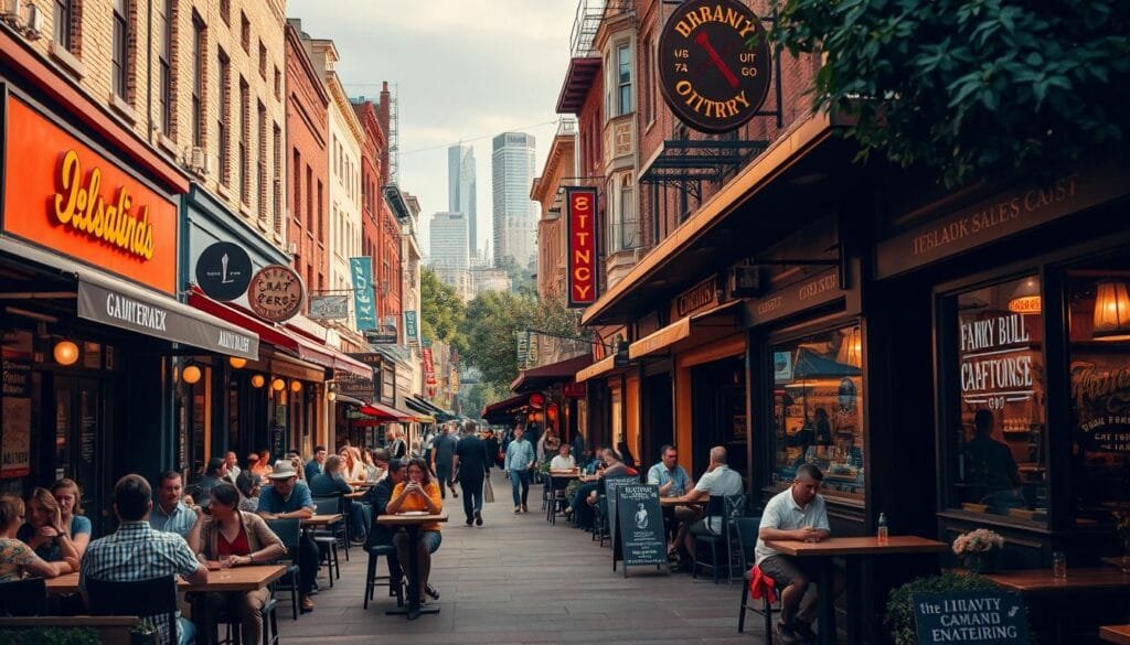 A bustling street lined with vibrant local eateries, their facades adorned with colorful signage and inviting outdoor seating. In the foreground, patrons enjoy al fresco dining, sipping on craft beverages and savoring local specialties. The middle ground showcases a diverse array of cuisine, from cozy family-owned cafes to trendy gastropubs, each offering a unique culinary experience. In the background, the cityscape rises, a tapestry of architectural styles that add character to the scene. Warm, diffused lighting casts a welcoming glow, and the angle captures the energy and liveliness of the local eateries landscape. A bustling street lined with vibrant local eateries, their facades adorned with colorful signage and inviting outdoor seating. In the foreground, patrons enjoy al fresco dining, sipping on craft beverages and savoring local specialties. The middle ground showcases a diverse array of cuisine, from cozy family-owned cafes to trendy gastropubs, each offering a unique culinary experience. In the background, the cityscape rises, a tapestry of architectural styles that add character to the scene. Warm, diffused lighting casts a welcoming glow, and the angle captures the energy and liveliness of the local eateries landscape.