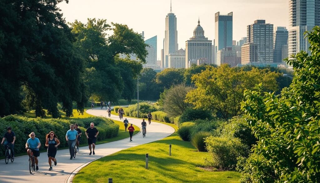 A bustling urban trail winds through a vibrant New York City landscape. In the foreground, joggers and cyclists navigate the paved path, their movements captured in a crisp, documentary-style lens. The middle ground features lush greenery - towering trees and well-manicured shrubbery - that softens the hard edges of the surrounding skyscrapers. In the distance, the iconic Manhattan skyline stands tall, its glass and steel silhouettes basking in warm, golden-hour lighting. The scene exudes a sense of energy and activity, inviting the viewer to explore the city's hidden pockets of nature and outdoor recreation. A bustling urban trail winds through a vibrant New York City landscape. In the foreground, joggers and cyclists navigate the paved path, their movements captured in a crisp, documentary-style lens. The middle ground features lush greenery - towering trees and well-manicured shrubbery - that softens the hard edges of the surrounding skyscrapers. In the distance, the iconic Manhattan skyline stands tall, its glass and steel silhouettes basking in warm, golden-hour lighting. The scene exudes a sense of energy and activity, inviting the viewer to explore the city's hidden pockets of nature and outdoor recreation.