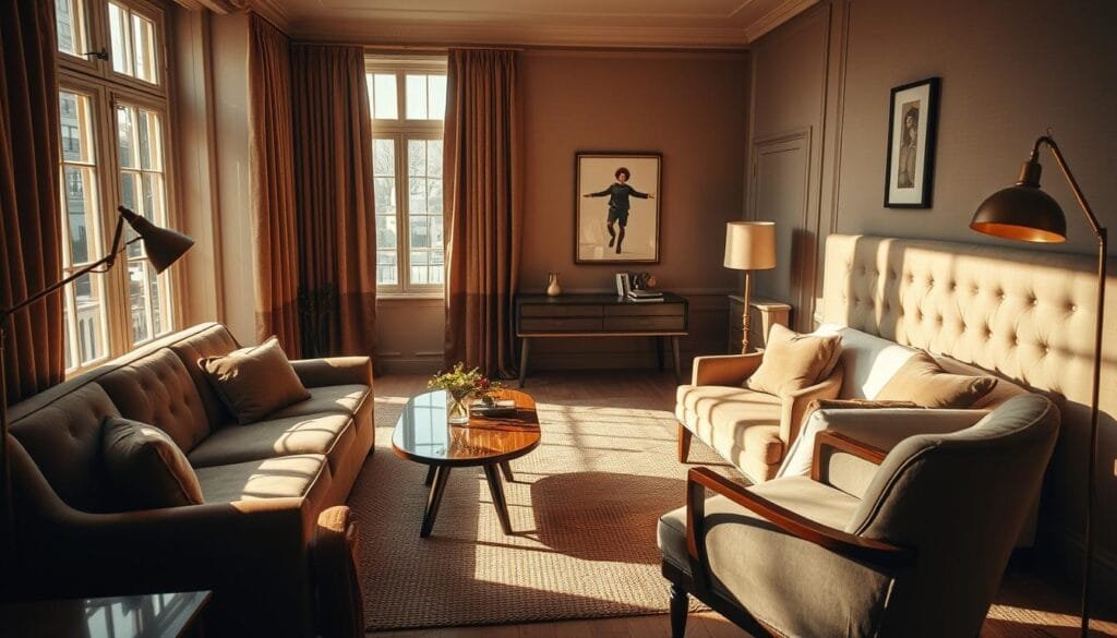 A cozy boutique hotel room with warm, inviting lighting, plush fabrics, and carefully curated decor. Sunlight streams through large windows, casting a soft glow on the elegant furnishings - a sumptuous velvet couch, a mid-century inspired coffee table, and a vintage armchair. The room has a sense of tranquility and sophistication, creating an atmosphere of serene relaxation. Subtle textures, from the woven rug to the tufted headboard, add depth and character. An ornate, brass floor lamp casts a gentle ambiance, while a minimalist piece of artwork on the wall completes the refined, boutique aesthetic. A cozy boutique hotel room with warm, inviting lighting, plush fabrics, and carefully curated decor. Sunlight streams through large windows, casting a soft glow on the elegant furnishings - a sumptuous velvet couch, a mid-century inspired coffee table, and a vintage armchair. The room has a sense of tranquility and sophistication, creating an atmosphere of serene relaxation. Subtle textures, from the woven rug to the tufted headboard, add depth and character. An ornate, brass floor lamp casts a gentle ambiance, while a minimalist piece of artwork on the wall completes the refined, boutique aesthetic.