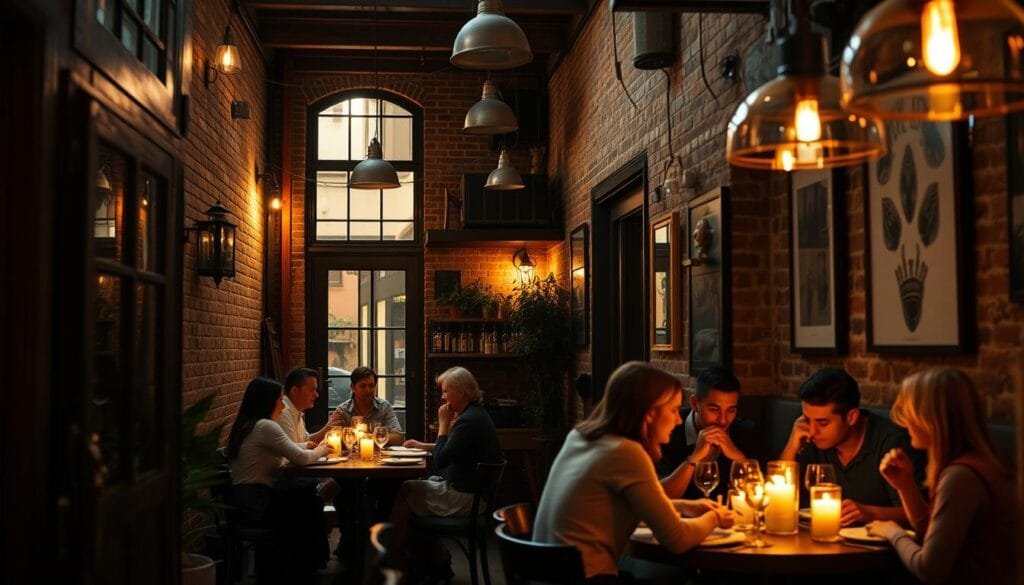A cozy, intimate restaurant nestled in a charming alleyway, its warm lighting casting a soft glow through the windows. A mix of rustic and modern decor, with exposed brick walls, wooden beams, and sleek pendant lamps. A group of diners enjoys a lively conversation over a delectable meal, their faces illuminated by the candlelight. The scene exudes a sense of discovery, as if the viewer has stumbled upon a hidden culinary gem in the heart of the city. A cozy, intimate restaurant nestled in a charming alleyway, its warm lighting casting a soft glow through the windows. A mix of rustic and modern decor, with exposed brick walls, wooden beams, and sleek pendant lamps. A group of diners enjoys a lively conversation over a delectable meal, their faces illuminated by the candlelight. The scene exudes a sense of discovery, as if the viewer has stumbled upon a hidden culinary gem in the heart of the city.