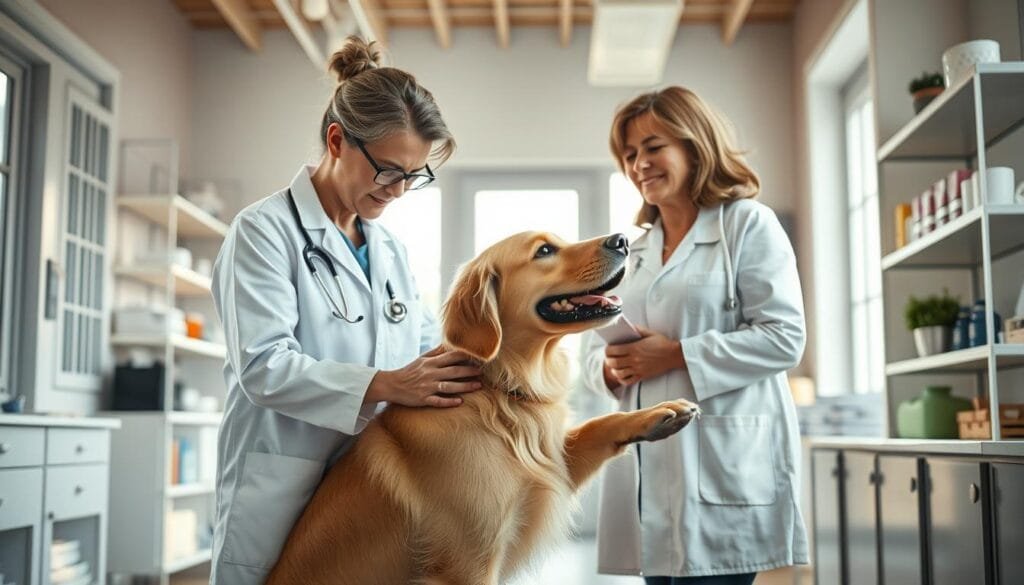 A cozy veterinary clinic interior, bright and inviting. In the foreground, a veterinarian in a crisp white coat examines a curious golden retriever, gently checking its ears and paws. The pet owner, a smiling middle-aged woman, stands nearby, watching attentively. Soft natural light filters in through large windows, casting a warm glow on the scene. Shelves of pet supplies and equipment line the walls, creating a sense of professionalism and care. The atmosphere is calm and reassuring, reflecting the expertise and compassion of the veterinary staff. A cozy veterinary clinic interior, bright and inviting. In the foreground, a veterinarian in a crisp white coat examines a curious golden retriever, gently checking its ears and paws. The pet owner, a smiling middle-aged woman, stands nearby, watching attentively. Soft natural light filters in through large windows, casting a warm glow on the scene. Shelves of pet supplies and equipment line the walls, creating a sense of professionalism and care. The atmosphere is calm and reassuring, reflecting the expertise and compassion of the veterinary staff.