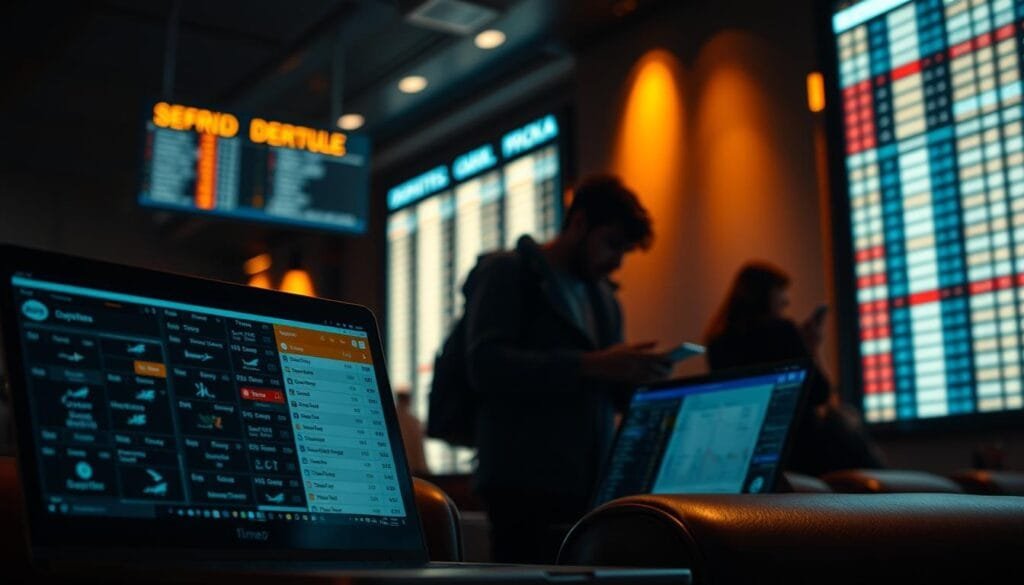 A dimly lit airport lounge, with travelers hunched over their devices, scrutinizing flight options. In the foreground, a laptop screen displays a complex matrix of departure times, airline logos, and price tags, illuminating the strategic dance of booking the perfect flight. The middle ground features a person meticulously comparing schedules, seeking the sweet spot between convenience and cost. In the background, a large departure board flickers with changing information, underscoring the dynamic nature of air travel. The scene is bathed in a warm, amber glow, creating a contemplative atmosphere, as if the viewer is peering into the inner workings of the ultimate money-saving flight booking process. A dimly lit airport lounge, with travelers hunched over their devices, scrutinizing flight options. In the foreground, a laptop screen displays a complex matrix of departure times, airline logos, and price tags, illuminating the strategic dance of booking the perfect flight. The middle ground features a person meticulously comparing schedules, seeking the sweet spot between convenience and cost. In the background, a large departure board flickers with changing information, underscoring the dynamic nature of air travel. The scene is bathed in a warm, amber glow, creating a contemplative atmosphere, as if the viewer is peering into the inner workings of the ultimate money-saving flight booking process.