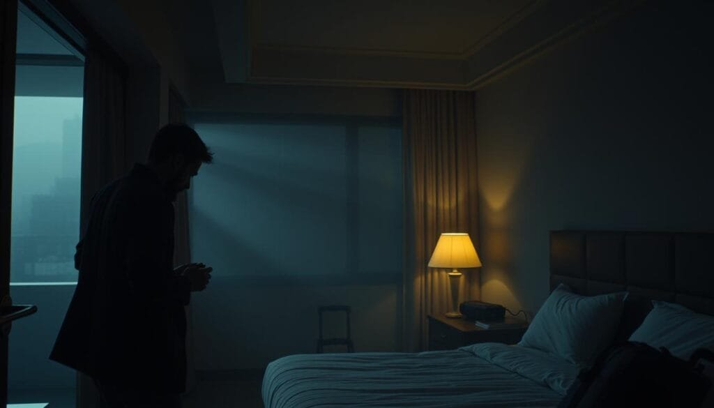 A dimly lit hotel room, the atmosphere slightly somber but with a sense of vigilance. In the foreground, a traveler methodically inspects the room, checking the lock on the door, the safety latch, and the windows for any signs of tampering. The middle ground reveals the room's essentials - a neatly made bed, a small desk, and a luggage stand, all illuminated by a warm, golden lamp. The background is hazy, with subtle shadows and hints of the outside world, creating a sense of enclosure and security. The overall mood is one of cautious attentiveness, a solo adventurer taking the necessary precautions to ensure a safe and comfortable stay. A dimly lit hotel room, the atmosphere slightly somber but with a sense of vigilance. In the foreground, a traveler methodically inspects the room, checking the lock on the door, the safety latch, and the windows for any signs of tampering. The middle ground reveals the room's essentials - a neatly made bed, a small desk, and a luggage stand, all illuminated by a warm, golden lamp. The background is hazy, with subtle shadows and hints of the outside world, creating a sense of enclosure and security. The overall mood is one of cautious attentiveness, a solo adventurer taking the necessary precautions to ensure a safe and comfortable stay.