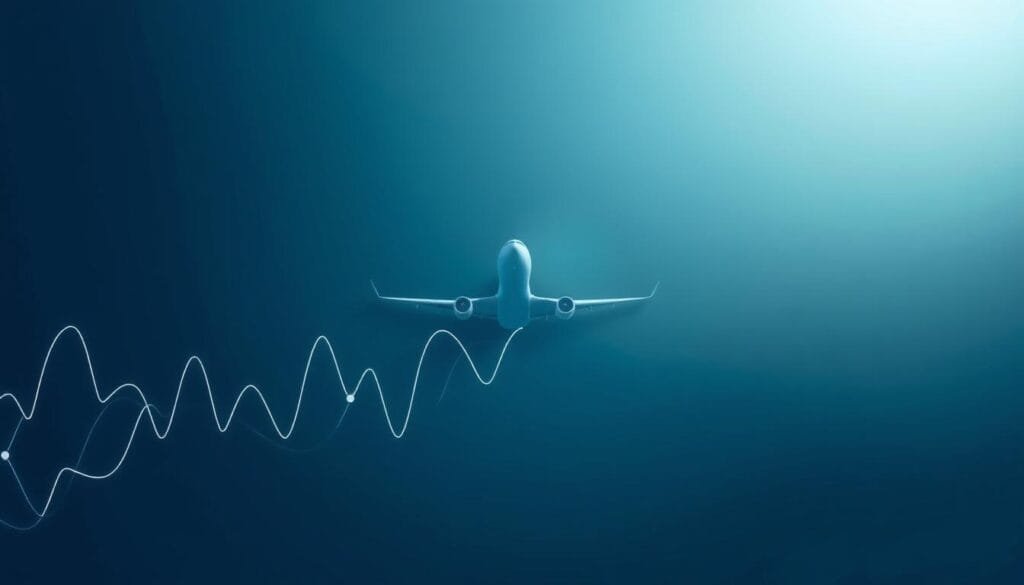 A dynamic flight pricing visualization with a clean, minimalist aesthetic. In the foreground, a pulsing graph showcases fluctuating airline ticket prices, the lines and curves ebbing and flowing in a mesmerizing dance. The middle ground features a sleek, futuristic aircraft silhouette, its form subtly reflecting the undulating price data. The background is a serene gradient, lending a sense of depth and tranquility to the scene. Soft, directional lighting accentuates the geometric shapes and highlights the data visualization, creating a balanced, visually striking composition that elegantly conveys the complex science behind affordable airfare. A dynamic flight pricing visualization with a clean, minimalist aesthetic. In the foreground, a pulsing graph showcases fluctuating airline ticket prices, the lines and curves ebbing and flowing in a mesmerizing dance. The middle ground features a sleek, futuristic aircraft silhouette, its form subtly reflecting the undulating price data. The background is a serene gradient, lending a sense of depth and tranquility to the scene. Soft, directional lighting accentuates the geometric shapes and highlights the data visualization, creating a balanced, visually striking composition that elegantly conveys the complex science behind affordable airfare.