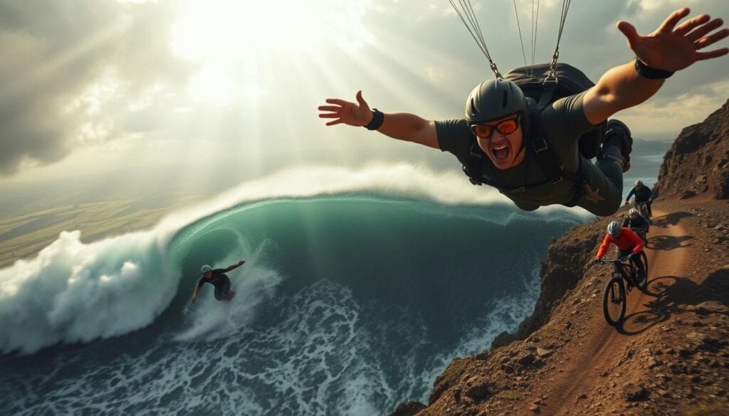 A dynamic, high-octane scene of extreme sports enthusiasts in action. In the foreground, a daredevil skydiver plummets through the sky, arms outstretched, exhilaration etched on their face. In the middle ground, a surfer carves a towering wave, water cascading around them. In the background, mountain bikers navigate a rugged, technical trail, their bikes a blur of motion. The lighting is dramatic, with shafts of sunlight piercing through clouds, casting a cinematic glow over the entire scene. The overall mood is one of pure, unadulterated adrenaline and a deep, primal connection with the natural world. A dynamic, high-octane scene of extreme sports enthusiasts in action. In the foreground, a daredevil skydiver plummets through the sky, arms outstretched, exhilaration etched on their face. In the middle ground, a surfer carves a towering wave, water cascading around them. In the background, mountain bikers navigate a rugged, technical trail, their bikes a blur of motion. The lighting is dramatic, with shafts of sunlight piercing through clouds, casting a cinematic glow over the entire scene. The overall mood is one of pure, unadulterated adrenaline and a deep, primal connection with the natural world.
