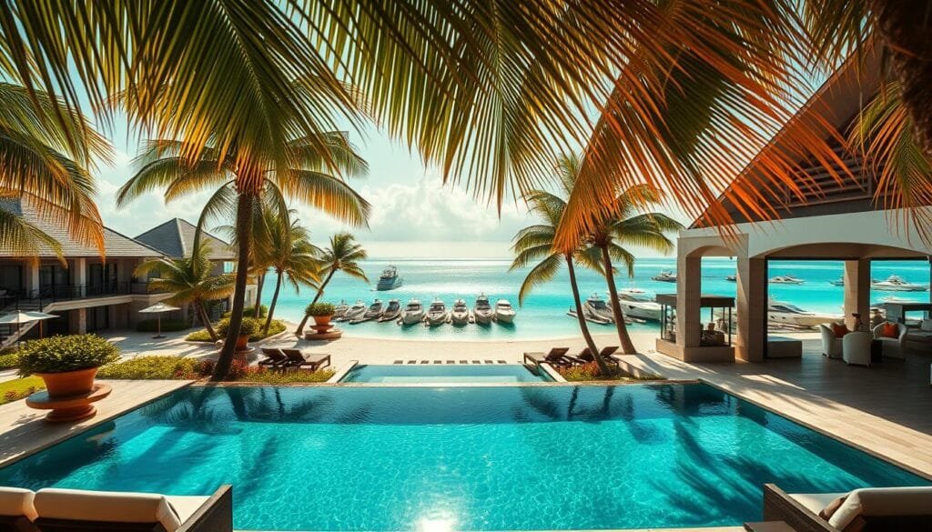 A lavish seaside resort nestled in a lush tropical paradise, with opulent villas overlooking a sparkling azure lagoon. Warm sunlight filters through swaying palm fronds, casting a golden glow across the crisp white sand. In the foreground, a private infinity pool reflects the stunning natural surroundings, while guests sip chilled cocktails on plush lounge chairs. The middle ground reveals a grand open-air lobby, with soaring ceilings and elegant furnishings that exude sophisticated refinement. In the distance, a fleet of private yachts and motorboats awaits, ready to whisk travelers off on bespoke excursions. An atmosphere of unparalleled luxury and tranquility pervades the scene, enticing the viewer to escape into a world of indulgence and unforgettable experiences.