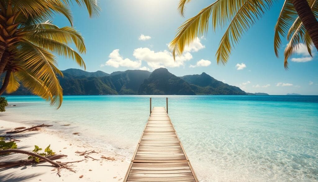 A lush, tropical island paradise with swaying palm trees, crystal-clear turquoise waters, and a pristine white sand beach. The sun casts a warm, golden glow over the scene, illuminating the vibrant colors of the foliage and the glistening waves. In the middle ground, a wooden dock extends into the calm, tranquil lagoon, inviting exploration. In the background, rugged, verdant hills rise up, creating a dramatic and serene landscape. The overall atmosphere is one of pure relaxation and natural beauty, perfectly capturing the essence of a dream vacation destination. A lush, tropical island paradise with swaying palm trees, crystal-clear turquoise waters, and a pristine white sand beach. The sun casts a warm, golden glow over the scene, illuminating the vibrant colors of the foliage and the glistening waves. In the middle ground, a wooden dock extends into the calm, tranquil lagoon, inviting exploration. In the background, rugged, verdant hills rise up, creating a dramatic and serene landscape. The overall atmosphere is one of pure relaxation and natural beauty, perfectly capturing the essence of a dream vacation destination.