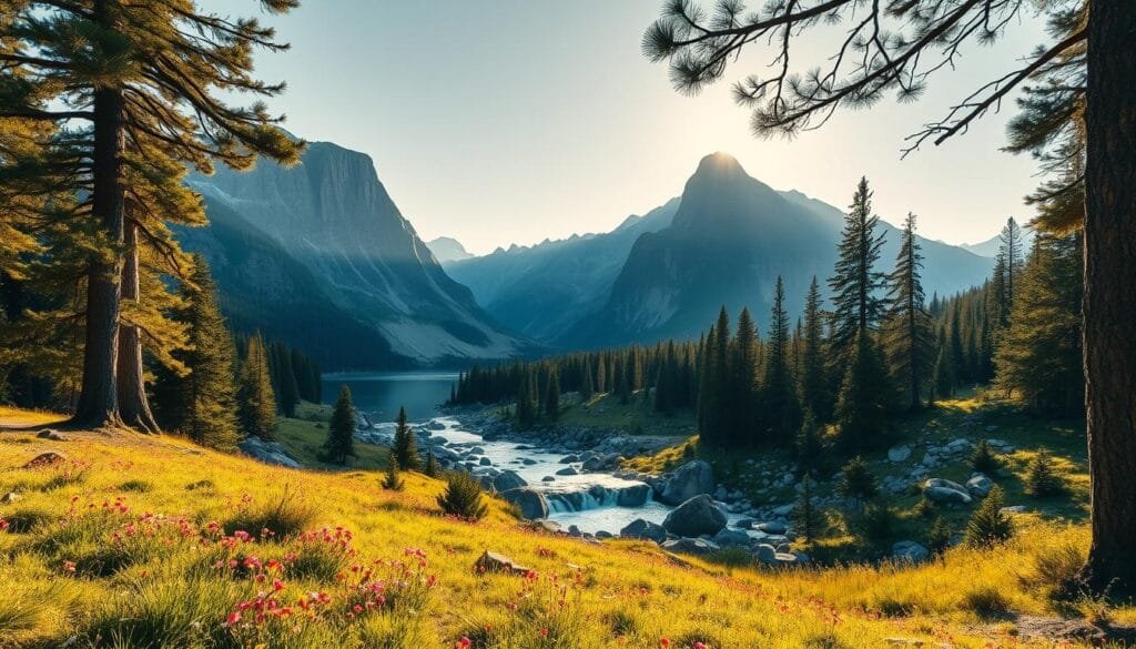 A majestic landscape of towering mountains, verdant forests, and crystal-clear lakes. The foreground features a pristine alpine meadow dotted with vibrant wildflowers, bathed in warm, golden sunlight. In the middle ground, a winding mountain stream cascades over smooth boulders, its sparkling waters reflecting the rugged peaks in the background. The scene is framed by ancient, towering conifers, their branches casting dappled shadows across the tranquil scene. The atmosphere is one of serene, untamed beauty, perfectly capturing the essence of America's beloved national parks. A majestic landscape of towering mountains, verdant forests, and crystal-clear lakes. The foreground features a pristine alpine meadow dotted with vibrant wildflowers, bathed in warm, golden sunlight. In the middle ground, a winding mountain stream cascades over smooth boulders, its sparkling waters reflecting the rugged peaks in the background. The scene is framed by ancient, towering conifers, their branches casting dappled shadows across the tranquil scene. The atmosphere is one of serene, untamed beauty, perfectly capturing the essence of America's beloved national parks.
