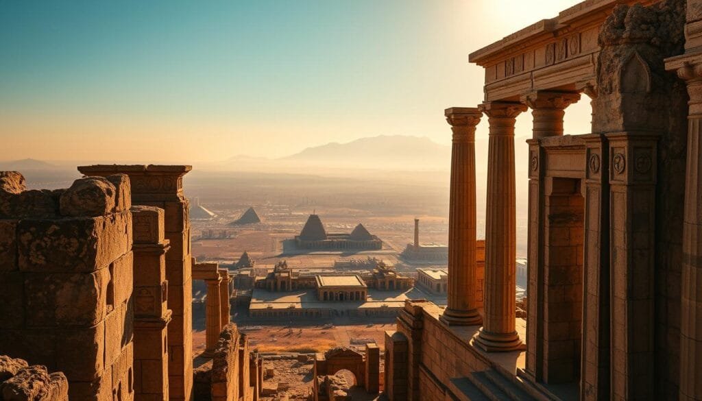 A majestic panorama of ancient historical sites, bathed in warm golden light. In the foreground, weathered stone ruins stand tall, their intricate carvings and crumbling archways hinting at a bygone era. The middle ground reveals a sprawling landscape dotted with temples, pyramids, and towering monuments, their silhouettes casting long shadows across the terrain. In the distance, a hazy horizon is punctuated by the peaks of snow-capped mountains, creating a breathtaking backdrop for this timeless heritage. The scene evokes a sense of reverence and wonder, inviting the viewer to step back in time and immerse themselves in the rich cultural tapestry of this extraordinary location. A majestic panorama of ancient historical sites, bathed in warm golden light. In the foreground, weathered stone ruins stand tall, their intricate carvings and crumbling archways hinting at a bygone era. The middle ground reveals a sprawling landscape dotted with temples, pyramids, and towering monuments, their silhouettes casting long shadows across the terrain. In the distance, a hazy horizon is punctuated by the peaks of snow-capped mountains, creating a breathtaking backdrop for this timeless heritage. The scene evokes a sense of reverence and wonder, inviting the viewer to step back in time and immerse themselves in the rich cultural tapestry of this extraordinary location.