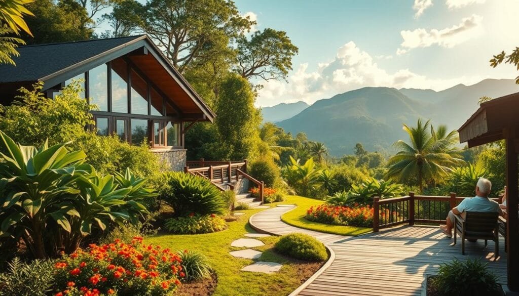 A serene eco-lodge nestled amid lush, verdant foliage. The building's facade features natural materials like wood and stone, blending harmoniously with the surrounding landscape. Sunlight filters through large windows, casting a warm, inviting glow. In the foreground, a path winds through a meticulously landscaped garden, dotted with vibrant native flowers. Guests lounge on a wooden deck, enjoying the tranquil ambiance and stunning mountain vistas in the distance. The scene exudes a sense of environmental responsibility and sustainable living. A serene eco-lodge nestled amid lush, verdant foliage. The building's facade features natural materials like wood and stone, blending harmoniously with the surrounding landscape. Sunlight filters through large windows, casting a warm, inviting glow. In the foreground, a path winds through a meticulously landscaped garden, dotted with vibrant native flowers. Guests lounge on a wooden deck, enjoying the tranquil ambiance and stunning mountain vistas in the distance. The scene exudes a sense of environmental responsibility and sustainable living.