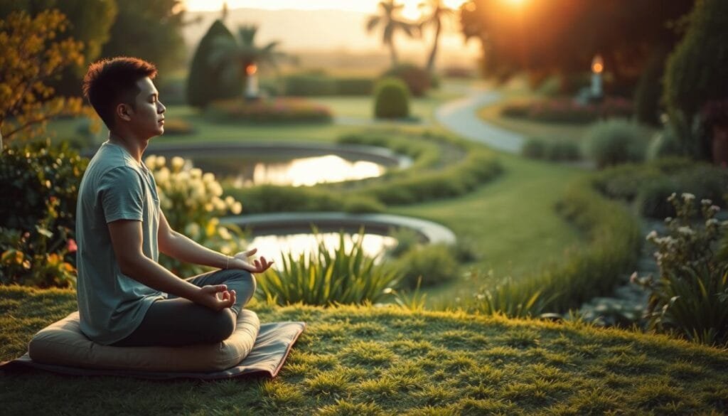 A serene garden scene with a traveler sitting cross-legged on a meditation cushion, practicing mindfulness exercises. The foreground features the traveler in a peaceful pose, eyes closed, hands resting on their lap. The middle ground showcases a tranquil pond surrounded by lush greenery and flowering plants. In the background, a path winds through the garden, leading to a distant horizon bathed in warm, golden sunlight. The lighting is soft and diffused, creating a calming, contemplative atmosphere. The camera angle is slightly elevated, giving a serene, bird's-eye view of the tranquil setting. A serene garden scene with a traveler sitting cross-legged on a meditation cushion, practicing mindfulness exercises. The foreground features the traveler in a peaceful pose, eyes closed, hands resting on their lap. The middle ground showcases a tranquil pond surrounded by lush greenery and flowering plants. In the background, a path winds through the garden, leading to a distant horizon bathed in warm, golden sunlight. The lighting is soft and diffused, creating a calming, contemplative atmosphere. The camera angle is slightly elevated, giving a serene, bird's-eye view of the tranquil setting.