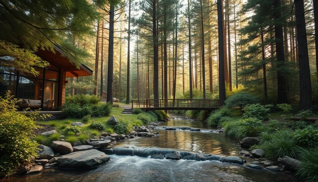 A serene, nature-integrated accommodation nestled amidst lush greenery. The foreground features a wooden cabin with large windows, seamlessly blending into the surrounding landscape. The middle ground showcases a tranquil stream flowing gently, with stepping stones and a wooden bridge. In the background, towering pine trees create a picturesque forest canopy, diffusing warm, natural lighting. The overall atmosphere evokes a sense of tranquility, inviting guests to immerse themselves in the harmonious fusion of modern design and the beauty of the natural world. A serene, nature-integrated accommodation nestled amidst lush greenery. The foreground features a wooden cabin with large windows, seamlessly blending into the surrounding landscape. The middle ground showcases a tranquil stream flowing gently, with stepping stones and a wooden bridge. In the background, towering pine trees create a picturesque forest canopy, diffusing warm, natural lighting. The overall atmosphere evokes a sense of tranquility, inviting guests to immerse themselves in the harmonious fusion of modern design and the beauty of the natural world.