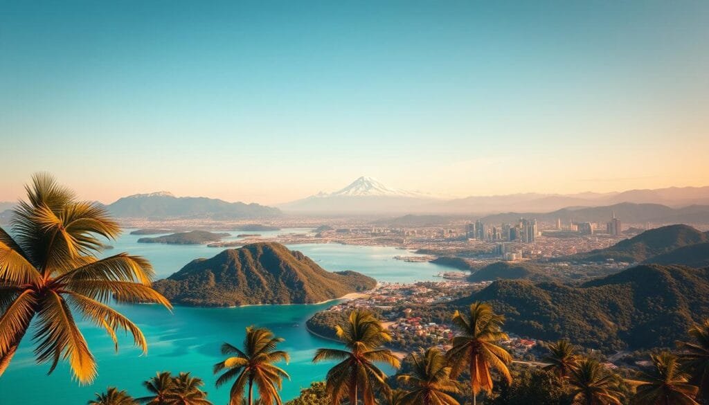 A serene, panoramic vista of breathtaking travel destinations, bathed in warm, golden sunlight. In the foreground, pristine beaches with swaying palm trees and crystal-clear turquoise waters. In the middle ground, majestic snow-capped mountain peaks reflected in mirror-like alpine lakes. In the distance, lush, verdant rainforests and vibrant, colorful cities with iconic landmarks. The scene evokes a sense of tranquility, adventure, and endless possibilities, inviting the viewer to imagine themselves immersed in these dream vacation destinations. A serene, panoramic vista of breathtaking travel destinations, bathed in warm, golden sunlight. In the foreground, pristine beaches with swaying palm trees and crystal-clear turquoise waters. In the middle ground, majestic snow-capped mountain peaks reflected in mirror-like alpine lakes. In the distance, lush, verdant rainforests and vibrant, colorful cities with iconic landmarks. The scene evokes a sense of tranquility, adventure, and endless possibilities, inviting the viewer to imagine themselves immersed in these dream vacation destinations.
