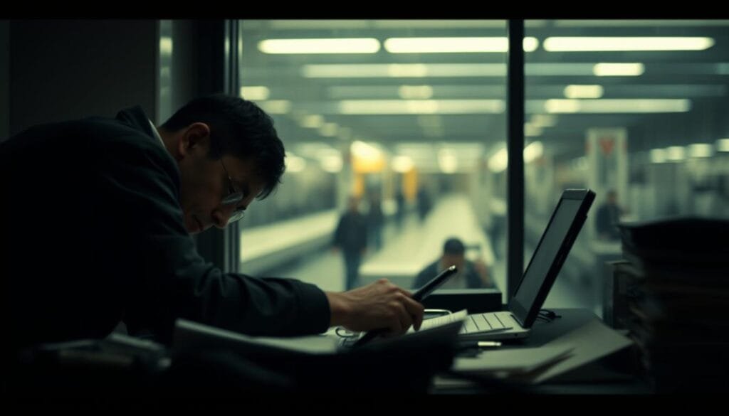A tense traveler hunched over a cluttered desk, papers and electronics strewn about, the harsh fluorescent lights casting harsh shadows on their worried face. In the background, a blurred window looks out onto a busy airport terminal, a metaphor for the chaos and disconnection of travel. The overall scene conveys a sense of mounting anxiety and exhaustion, the impact of travel stress on the human condition. Dramatic camera angle, cinematic lighting, muted color palette. A tense traveler hunched over a cluttered desk, papers and electronics strewn about, the harsh fluorescent lights casting harsh shadows on their worried face. In the background, a blurred window looks out onto a busy airport terminal, a metaphor for the chaos and disconnection of travel. The overall scene conveys a sense of mounting anxiety and exhaustion, the impact of travel stress on the human condition. Dramatic camera angle, cinematic lighting, muted color palette.