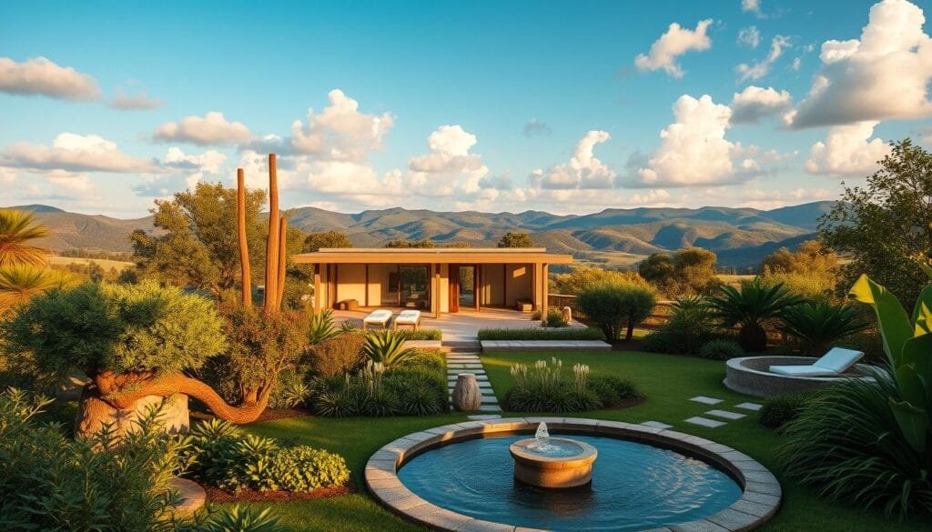 A tranquil wellness retreat set against a serene natural backdrop. In the foreground, a peaceful garden oasis with lush greenery, a bubbling fountain, and serene meditation spaces. In the middle ground, a modern, minimalist spa building with large windows offering panoramic views of the surrounding landscape. In the background, rolling hills and a vibrant blue sky dotted with fluffy white clouds. Warm, diffused natural lighting casts a soft, soothing glow over the entire scene, creating a calming, restorative atmosphere. The composition emphasizes balance, harmony, and the integration of nature and modern wellness practices. A tranquil wellness retreat set against a serene natural backdrop. In the foreground, a peaceful garden oasis with lush greenery, a bubbling fountain, and serene meditation spaces. In the middle ground, a modern, minimalist spa building with large windows offering panoramic views of the surrounding landscape. In the background, rolling hills and a vibrant blue sky dotted with fluffy white clouds. Warm, diffused natural lighting casts a soft, soothing glow over the entire scene, creating a calming, restorative atmosphere. The composition emphasizes balance, harmony, and the integration of nature and modern wellness practices.