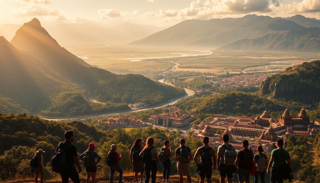 A vast, panoramic landscape stretching across the horizon, capturing the essence of cultural and natural experiences. In the foreground, a group of adventurers immersed in thrilling activities, their silhouettes highlighted by the warm glow of the sun. The middle ground features a stunning natural backdrop, with towering mountains, cascading waterfalls, and lush, verdant forests. The background is a tapestry of vibrant colors, reflecting the diversity of the region's cultural heritage, with traditional architecture and vibrant festivals. The lighting is soft and golden, creating a sense of wonder and exploration. The overall composition is a harmonious blend of human endeavor and the grandeur of the natural world, inviting the viewer to embark on their own adrenaline-pumping adventure. A vast, panoramic landscape stretching across the horizon, capturing the essence of cultural and natural experiences. In the foreground, a group of adventurers immersed in thrilling activities, their silhouettes highlighted by the warm glow of the sun. The middle ground features a stunning natural backdrop, with towering mountains, cascading waterfalls, and lush, verdant forests. The background is a tapestry of vibrant colors, reflecting the diversity of the region's cultural heritage, with traditional architecture and vibrant festivals. The lighting is soft and golden, creating a sense of wonder and exploration. The overall composition is a harmonious blend of human endeavor and the grandeur of the natural world, inviting the viewer to embark on their own adrenaline-pumping adventure.