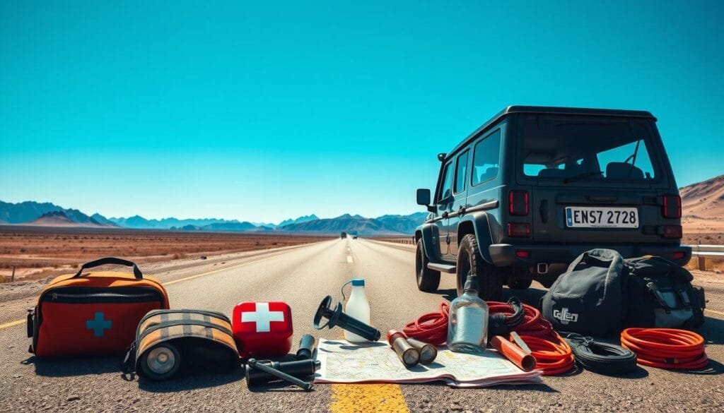 A vast, well-lit highway stretches out before the viewer, with a striking blue sky overhead. In the foreground, an array of essential road trip items are neatly arranged - a tool kit, a first-aid kit, a map, a flashlight, and a set of jumper cables. The middle ground features a sturdy, reliable vehicle, its engine primed and ready for the journey ahead. In the background, majestic mountains rise up, hinting at the adventures that await. The overall atmosphere conveys a sense of preparedness, determination, and the excitement of embarking on a thrilling road trip. A vast, well-lit highway stretches out before the viewer, with a striking blue sky overhead. In the foreground, an array of essential road trip items are neatly arranged - a tool kit, a first-aid kit, a map, a flashlight, and a set of jumper cables. The middle ground features a sturdy, reliable vehicle, its engine primed and ready for the journey ahead. In the background, majestic mountains rise up, hinting at the adventures that await. The overall atmosphere conveys a sense of preparedness, determination, and the excitement of embarking on a thrilling road trip.