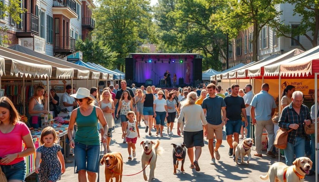 A vibrant and lively outdoor festival scene, bathed in warm afternoon sunlight. In the foreground, families with children and their beloved pets stroll through rows of colorful vendor booths, browsing handmade crafts and tasty treats. Friendly dogs of all shapes and sizes happily mingle with the crowd, wagging their tails. In the middle ground, a lively stage features local musicians and performers entertaining the festive attendees. The background is filled with quaint historic buildings, lush trees, and the inviting atmosphere of a close-knit community celebration.