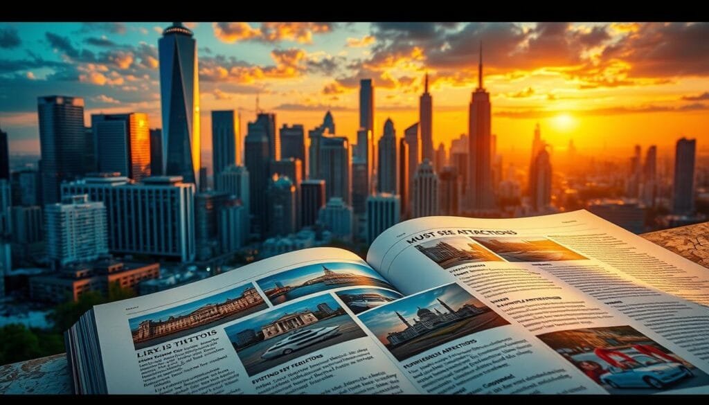 A vibrant cityscape with towering skyscrapers and iconic landmarks in the background, illuminated by a warm, golden hour glow. In the foreground, a detailed travel guide features glossy, high-quality photographs of the must-see attractions, with concise captions highlighting their historical significance and visual appeal. The guide is elegantly laid out, inviting the viewer to explore and discover the wonders of these popular destinations. The overall mood is one of anticipation and wanderlust, capturing the essence of a comprehensive tourist guide for the discerning traveler.