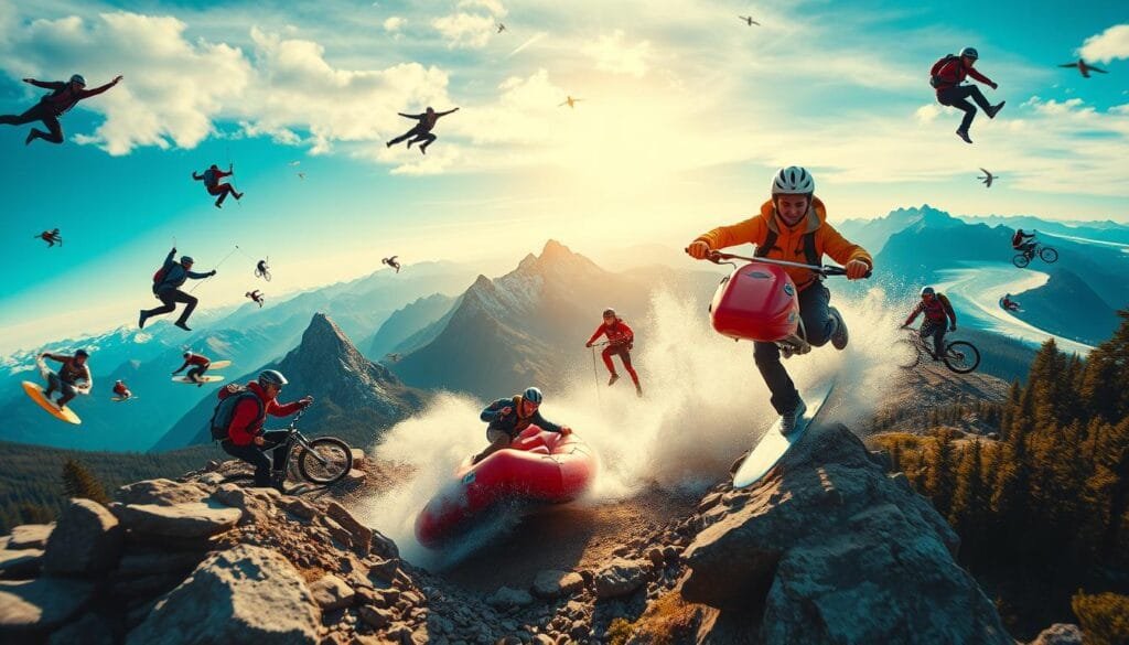 A vibrant collage showcasing a diverse array of adventure sports and activities, captured with a wide-angle lens and dramatic lighting. In the foreground, thrill-seekers engage in high-octane pursuits like skydiving, rock climbing, and whitewater rafting, their movements frozen in time. The middle ground features extreme sports such as bungee jumping, surfing, and mountain biking, conveying a sense of speed and adrenaline. In the background, serene landscapes provide the perfect backdrop, with towering peaks, crashing waves, and lush forests, hinting at the boundless possibilities for outdoor adventure. The overall composition exudes a captivating blend of excitement, athleticism, and the natural world, encapsulating the essence of "adventure sports and activities for adrenaline junkies." A vibrant collage showcasing a diverse array of adventure sports and activities, captured with a wide-angle lens and dramatic lighting. In the foreground, thrill-seekers engage in high-octane pursuits like skydiving, rock climbing, and whitewater rafting, their movements frozen in time. The middle ground features extreme sports such as bungee jumping, surfing, and mountain biking, conveying a sense of speed and adrenaline. In the background, serene landscapes provide the perfect backdrop, with towering peaks, crashing waves, and lush forests, hinting at the boundless possibilities for outdoor adventure. The overall composition exudes a captivating blend of excitement, athleticism, and the natural world, encapsulating the essence of "adventure sports and activities for adrenaline junkies."