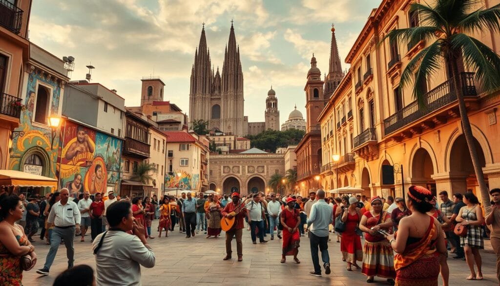 A vibrant cultural journey unfolds in a bustling city square. In the foreground, a lively street performance captivates onlookers, with musicians playing traditional instruments and dancers swaying to the rhythmic beats. The middle ground features colorful murals adorning the surrounding buildings, showcasing the rich artistic heritage of the region. In the background, towering architectural landmarks stand as testament to the diverse influences that have shaped this dynamic destination. Warm, diffused lighting casts a golden glow, evoking a sense of timelessness and celebration. This immersive scene captures the essence of art, music, and cultural exploration. A vibrant cultural journey unfolds in a bustling city square. In the foreground, a lively street performance captivates onlookers, with musicians playing traditional instruments and dancers swaying to the rhythmic beats. The middle ground features colorful murals adorning the surrounding buildings, showcasing the rich artistic heritage of the region. In the background, towering architectural landmarks stand as testament to the diverse influences that have shaped this dynamic destination. Warm, diffused lighting casts a golden glow, evoking a sense of timelessness and celebration. This immersive scene captures the essence of art, music, and cultural exploration.