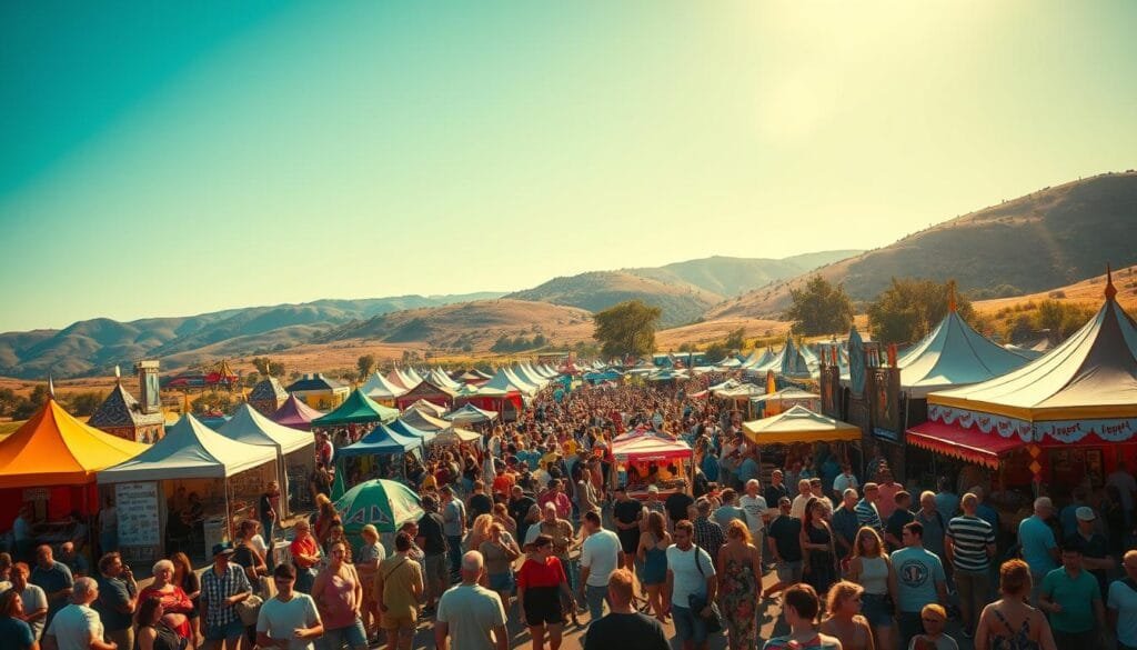 A vibrant scene of an outdoor music and arts festival, set against a backdrop of rolling hills and a clear blue sky. In the foreground, crowds of people mill about, admiring the various art installations and handcrafted goods on display. Colorful tents and canopies dot the landscape, housing musical acts and performers who captivate the audience with their lively melodies and energetic movements. The middle ground is a hive of activity, with food vendors offering an array of delectable treats and artisans showcasing their intricate wares. Warm, golden sunlight filters through the scene, creating a sense of warmth and celebration. The overall atmosphere is one of creativity, community, and boundless artistic expression.