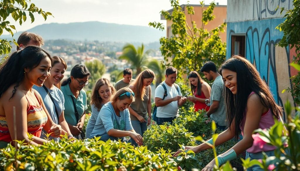 A vibrant, sun-dappled scene of a group of diverse, enthusiastic volunteers engaged in meaningful service work abroad. In the foreground, individuals of varying ages and backgrounds collaborate on a lush, verdant community garden project, their faces alight with joy and purpose. In the middle ground, a team of volunteers paint a mural on the side of a colorful local building, their brushstrokes capturing the spirit of cultural exchange. In the background, a picturesque cityscape or natural landscape sets the stage, hinting at the transformative experiences that await those who embark on these rewarding volunteer journeys. Soft, warm lighting and a sense of camaraderie and accomplishment permeate the scene, inviting the viewer to imagine themselves as part of this impactful, life-enriching experience. A vibrant, sun-dappled scene of a group of diverse, enthusiastic volunteers engaged in meaningful service work abroad. In the foreground, individuals of varying ages and backgrounds collaborate on a lush, verdant community garden project, their faces alight with joy and purpose. In the middle ground, a team of volunteers paint a mural on the side of a colorful local building, their brushstrokes capturing the spirit of cultural exchange. In the background, a picturesque cityscape or natural landscape sets the stage, hinting at the transformative experiences that await those who embark on these rewarding volunteer journeys. Soft, warm lighting and a sense of camaraderie and accomplishment permeate the scene, inviting the viewer to imagine themselves as part of this impactful, life-enriching experience.