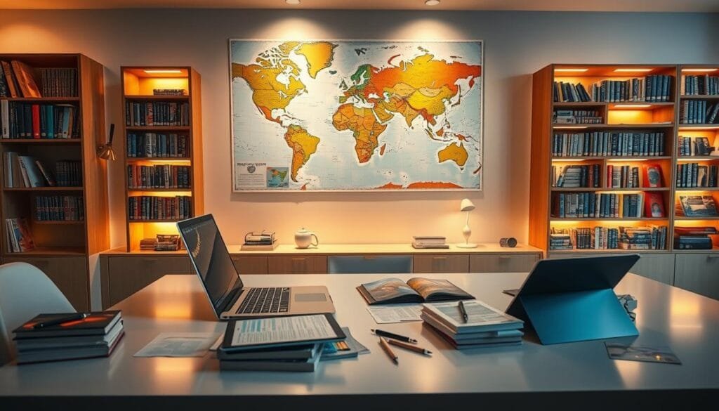 A well-lit workspace with a laptop, tablet, and various research materials scattered across a clean, modern desk. A vibrant world map hangs on the wall, pinpointing destinations. Bookshelves filled with travel guides and atlases stand in the background, casting a warm, inviting glow. Soft, directional lighting illuminates the scene, highlighting the detailed textures of the wood, metal, and paper. The overall atmosphere conveys a sense of focused planning and eager anticipation for an upcoming journey. A well-lit workspace with a laptop, tablet, and various research materials scattered across a clean, modern desk. A vibrant world map hangs on the wall, pinpointing destinations. Bookshelves filled with travel guides and atlases stand in the background, casting a warm, inviting glow. Soft, directional lighting illuminates the scene, highlighting the detailed textures of the wood, metal, and paper. The overall atmosphere conveys a sense of focused planning and eager anticipation for an upcoming journey.