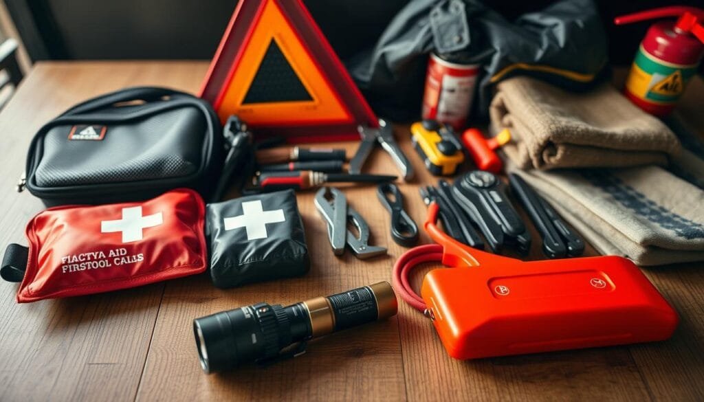 A well-organized emergency car kit arranged neatly on a wooden surface. In the foreground, a first-aid kit, jumper cables, and a flashlight with spare batteries. In the middle ground, a reflective safety triangle, a multi-tool, and a car escape tool. In the background, a fire extinguisher, a rain poncho, and a blanket. The lighting is soft and natural, creating a warm, reassuring atmosphere. The camera angle is slightly elevated, capturing the essentials from an overhead perspective, emphasizing the importance and practicality of the kit. A well-organized emergency car kit arranged neatly on a wooden surface. In the foreground, a first-aid kit, jumper cables, and a flashlight with spare batteries. In the middle ground, a reflective safety triangle, a multi-tool, and a car escape tool. In the background, a fire extinguisher, a rain poncho, and a blanket. The lighting is soft and natural, creating a warm, reassuring atmosphere. The camera angle is slightly elevated, capturing the essentials from an overhead perspective, emphasizing the importance and practicality of the kit.