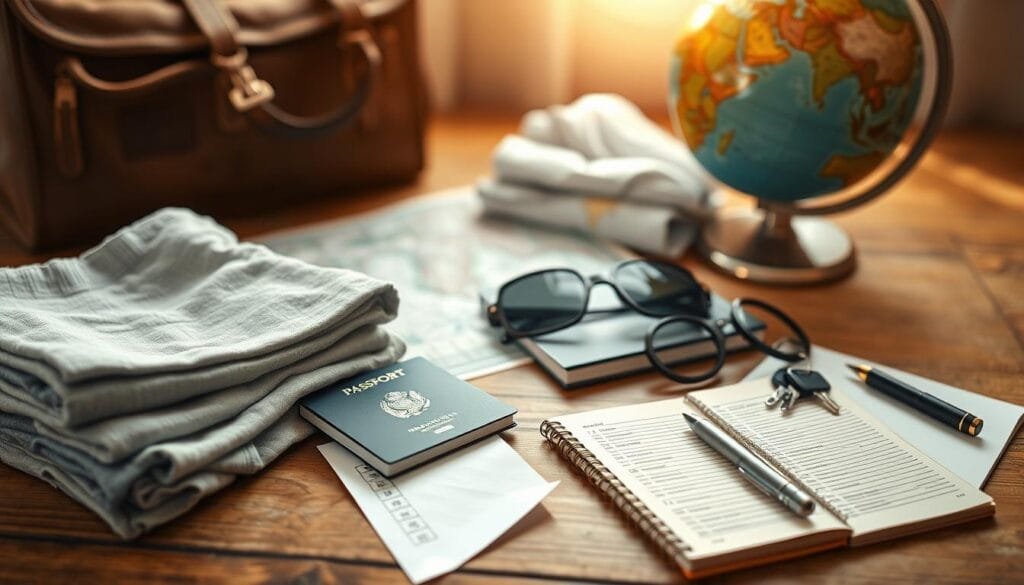 A well-organized travel checklist laid out on a wooden surface, illuminated by warm, natural lighting. In the foreground, a stack of neatly folded clothes, passport, sunglasses, and a travel organizer. In the middle ground, a map, a set of keys, and a pen resting on a travel journal. The background features a suitcase and a globe, evoking a sense of exploration and adventure. The overall mood is one of organization, preparation, and the excitement of an impending journey. A well-organized travel checklist laid out on a wooden surface, illuminated by warm, natural lighting. In the foreground, a stack of neatly folded clothes, passport, sunglasses, and a travel organizer. In the middle ground, a map, a set of keys, and a pen resting on a travel journal. The background features a suitcase and a globe, evoking a sense of exploration and adventure. The overall mood is one of organization, preparation, and the excitement of an impending journey.