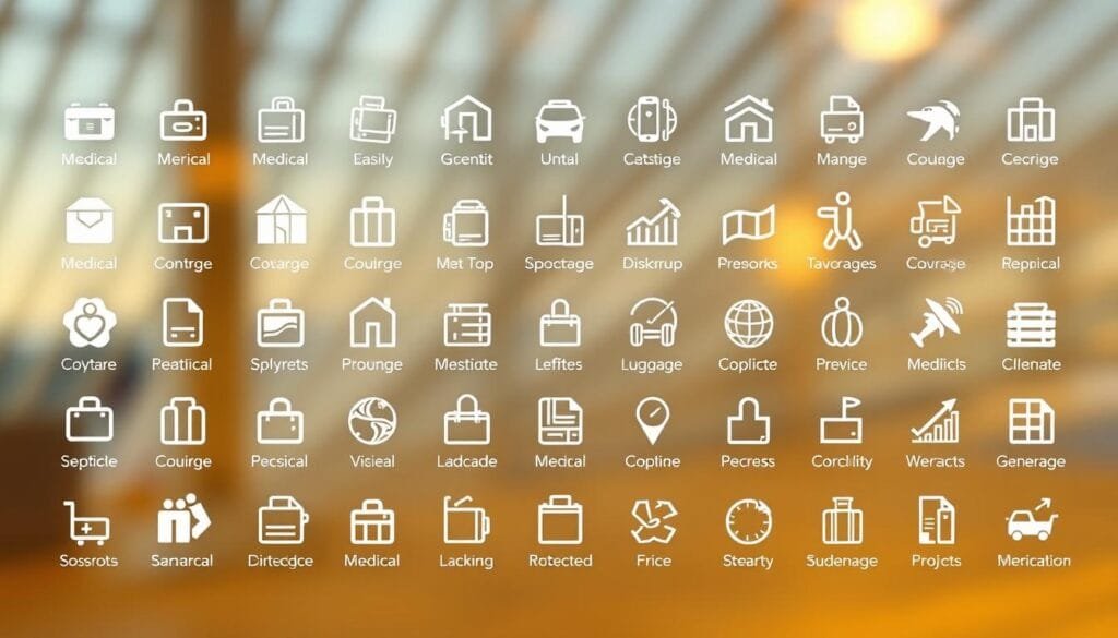 An array of travel insurance coverage icons arranged in a neat grid, backlit by a warm glow. Each icon symbolizes a distinct policy component - medical, trip cancellation, lost luggage, and more. The icons are rendered in a clean, minimalist style with subtle depth and shadow, set against a blurred background of softly converging lines that evoke a sense of motion and dynamism. The lighting is soft and diffused, creating a professional, authoritative atmosphere. The composition is balanced and visually engaging, inviting the viewer to explore the breadth of specialized coverage options available for the discerning traveler.