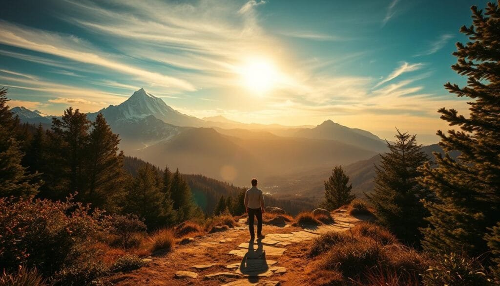 Capturing the essence of a travel destination: A majestic landscape bathed in warm, golden light, with a lone figure standing in contemplation, their gaze fixed on the sweeping vistas before them. In the foreground, a weathered path winds through lush, verdant foliage, inviting the viewer to explore. In the middle ground, towering mountains rise up, their snow-capped peaks reflecting the sun's rays, casting a sense of grandeur and scale. The background is a tapestry of vibrant colors, with a deep blue sky dotted with wispy clouds, creating a sense of tranquility and serenity. The overall mood is one of wonder, inspiration, and a deep connection to the natural world, capturing the essence of the travel experience. Capturing the essence of a travel destination: A majestic landscape bathed in warm, golden light, with a lone figure standing in contemplation, their gaze fixed on the sweeping vistas before them. In the foreground, a weathered path winds through lush, verdant foliage, inviting the viewer to explore. In the middle ground, towering mountains rise up, their snow-capped peaks reflecting the sun's rays, casting a sense of grandeur and scale. The background is a tapestry of vibrant colors, with a deep blue sky dotted with wispy clouds, creating a sense of tranquility and serenity. The overall mood is one of wonder, inspiration, and a deep connection to the natural world, capturing the essence of the travel experience.