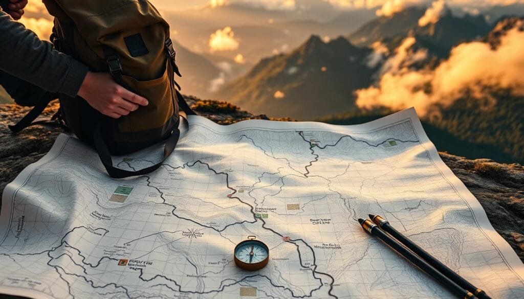 Hiking route planning: A detailed topographical map unfurls, overlaid with hand-drawn trails winding through lush forests and rugged terrain. Compass in hand, a hiker charts their course, navigating contour lines and elevation markers. In the foreground, a backpack and trekking poles stand ready, evoking a sense of adventure and preparation. The background depicts a serene mountain vista, bathed in warm, golden light that filters through wispy clouds. The overall scene conveys the thoughtful, meticulous process of planning an unforgettable hiking journey. Hiking route planning: A detailed topographical map unfurls, overlaid with hand-drawn trails winding through lush forests and rugged terrain. Compass in hand, a hiker charts their course, navigating contour lines and elevation markers. In the foreground, a backpack and trekking poles stand ready, evoking a sense of adventure and preparation. The background depicts a serene mountain vista, bathed in warm, golden light that filters through wispy clouds. The overall scene conveys the thoughtful, meticulous process of planning an unforgettable hiking journey.