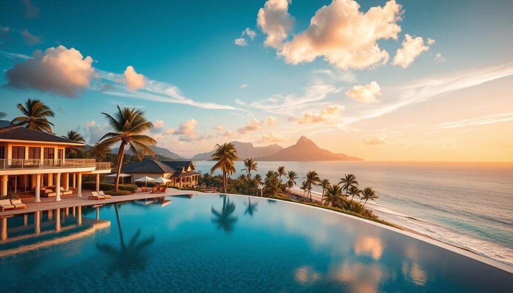 Prompt A stunning aerial view of the world's most luxurious resort destinations, showcasing opulent beachfront villas, high-end hotels, and pristine tropical landscapes. In the foreground, a picturesque infinity pool reflects the vibrant hues of the sky and ocean. The middle ground features lush palm trees swaying gently in the breeze, and in the distance, majestic mountains rise up, creating a breathtaking backdrop. The lighting is soft and warm, casting a serene glow over the entire scene. The image evokes a sense of tranquility, exclusivity, and the ultimate in upscale vacation experiences.