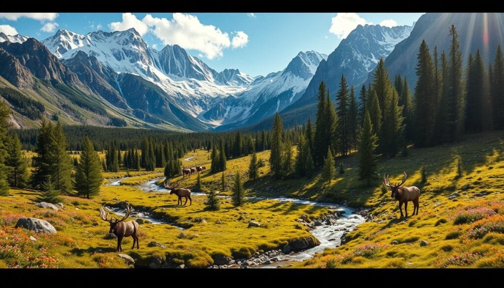 Sweeping vistas of majestic mountains, their peaks capped with pristine snow, towering over lush meadows blanketed in vibrant wildflowers. Meandering streams and cascading waterfalls cutting through the rugged terrain, their crystal-clear waters reflecting the azure sky above. Sunlight filters through ancient evergreen forests, casting a warm, golden glow on the mossy forest floor below. In the distance, a herd of grazing elk, their magnificent antlers silhouetted against the horizon. This is the essence of natural beauty, captured in a breathtaking landscape that epitomizes the wonders of national parks. Sweeping vistas of majestic mountains, their peaks capped with pristine snow, towering over lush meadows blanketed in vibrant wildflowers. Meandering streams and cascading waterfalls cutting through the rugged terrain, their crystal-clear waters reflecting the azure sky above. Sunlight filters through ancient evergreen forests, casting a warm, golden glow on the mossy forest floor below. In the distance, a herd of grazing elk, their magnificent antlers silhouetted against the horizon. This is the essence of natural beauty, captured in a breathtaking landscape that epitomizes the wonders of national parks.