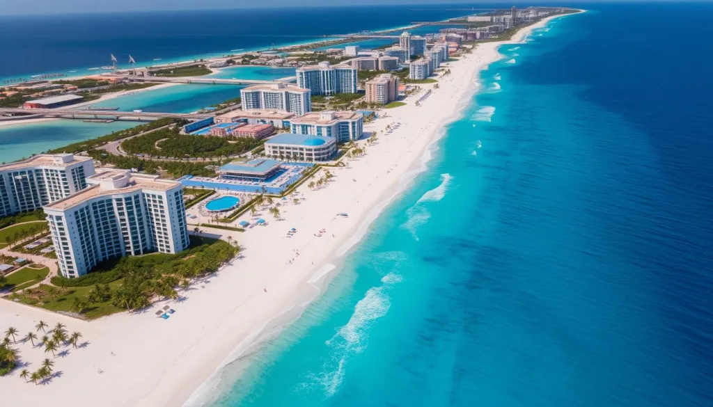 Aerial view of Cancun's hotel zone with turquoise Caribbean waters and white sand beaches
