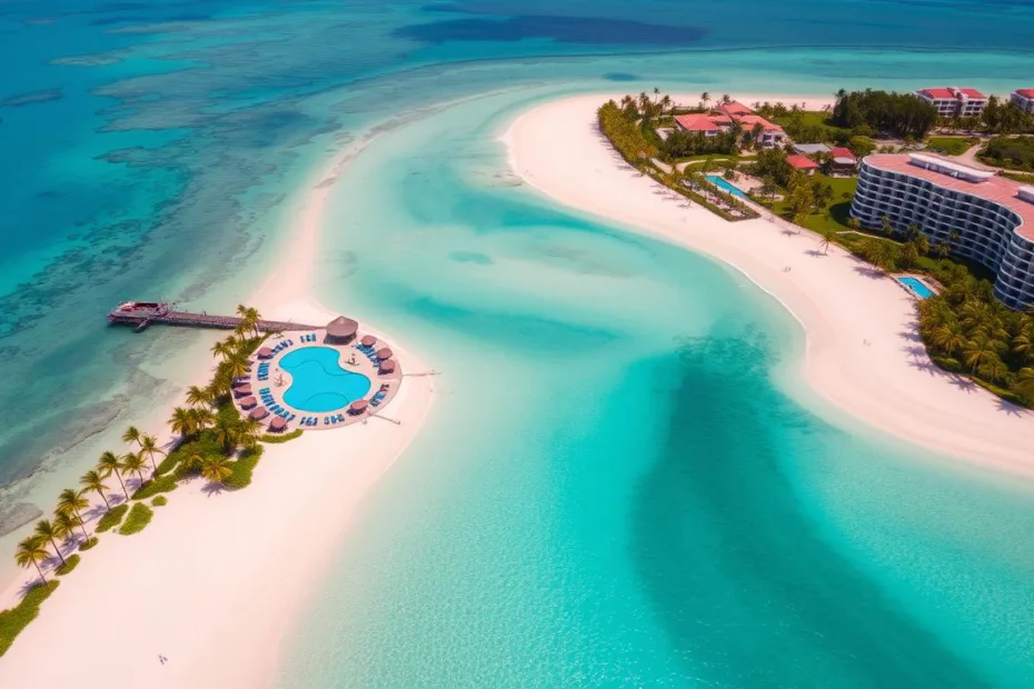 Aerial view of a luxury all-inclusive resort in the Caribbean with white sand beaches and turquoise waters