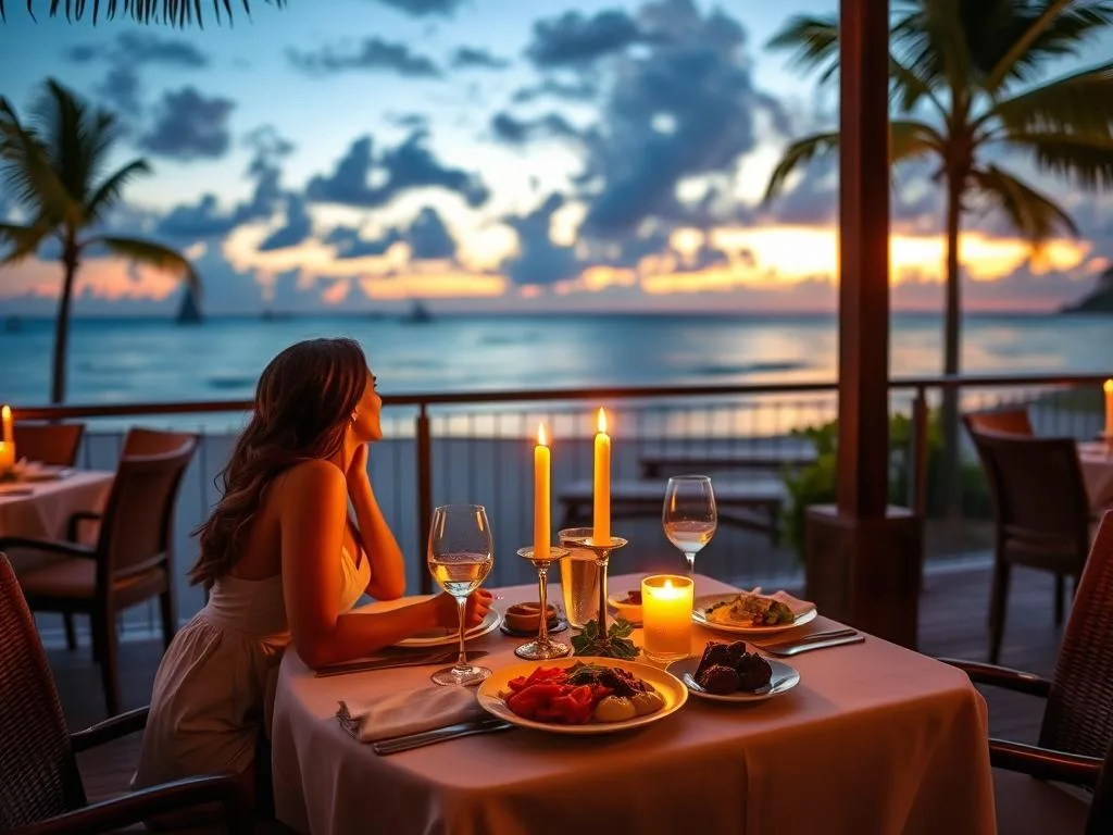 Couple enjoying dinner at an all-inclusive resort restaurant overlooking the ocean at sunset