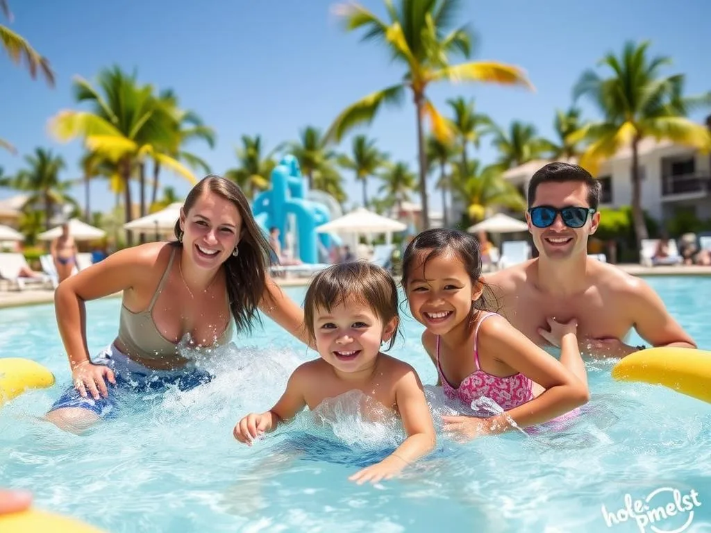 Family enjoying activities at an all-inclusive resort with children playing in a water park