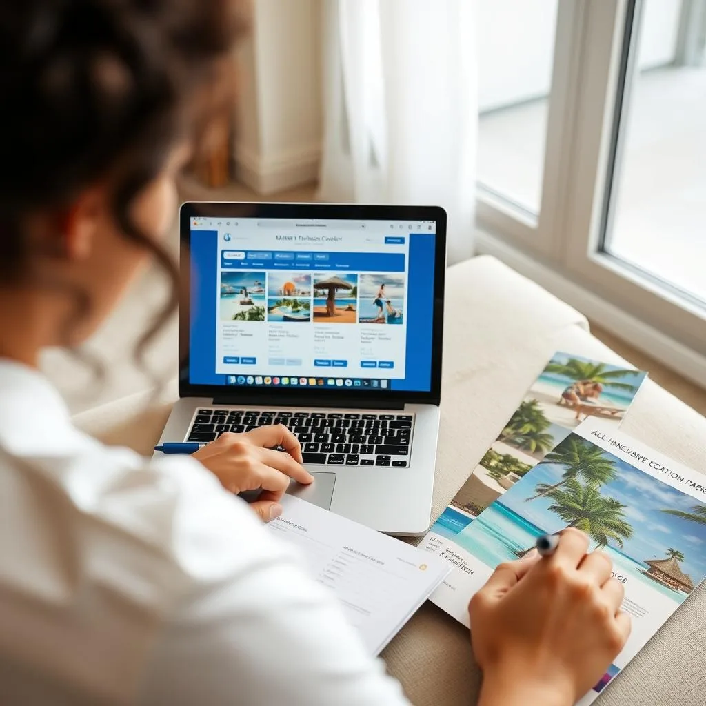Person comparing all-inclusive vacation packages on a laptop with resort brochures nearby