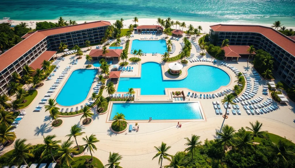 Punta Cana all-inclusive resort with palm-lined beach and extensive pool complex