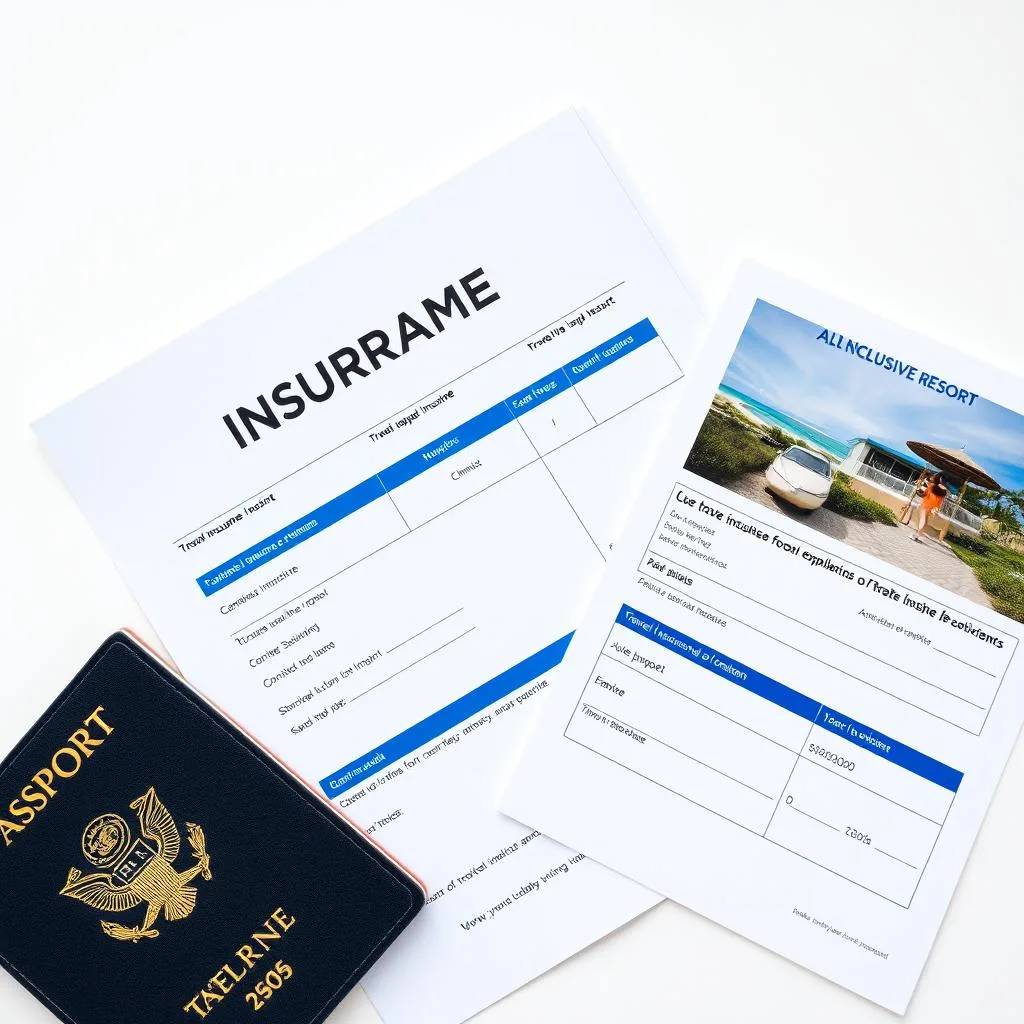 Travel insurance policy document with passport and all-inclusive resort confirmation